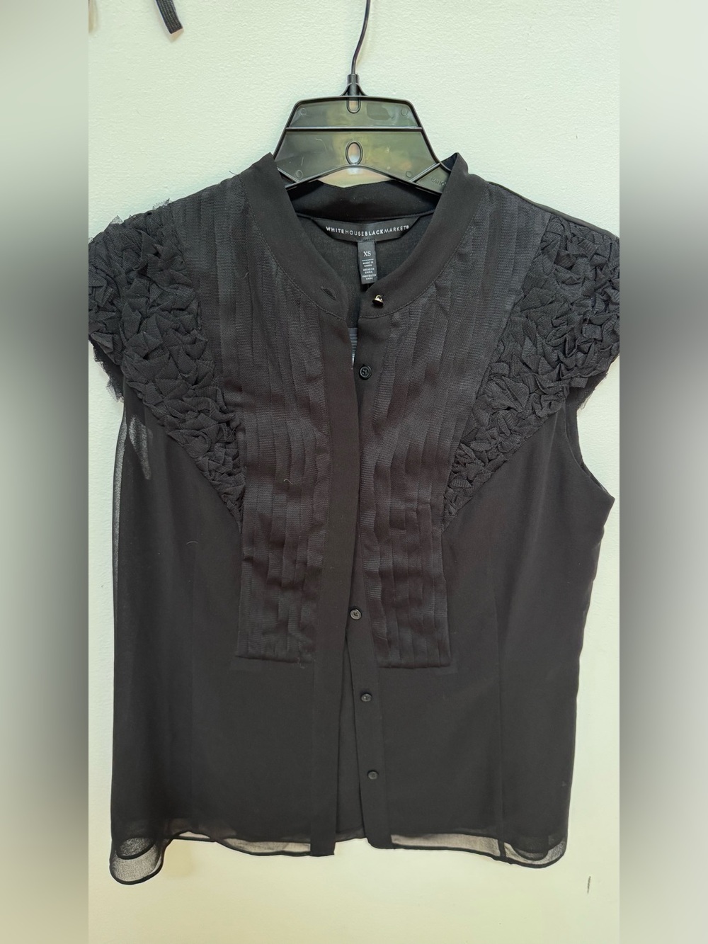 White House Black Market Black Cap-Sleeve Pleated Front Blouse
